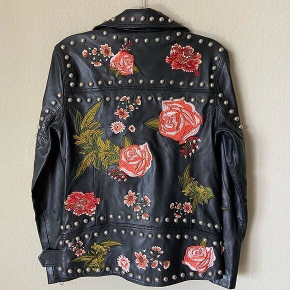 Lpa Leather Black Jacket Floral Embroidered 58 Roses Size XS - Picture 11 of 17